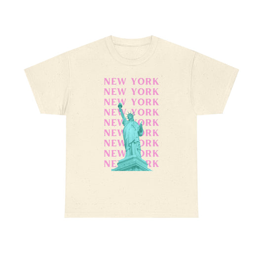 New York Statue of Liberty Tee — Pink Retro City Graphic T‑Shirt