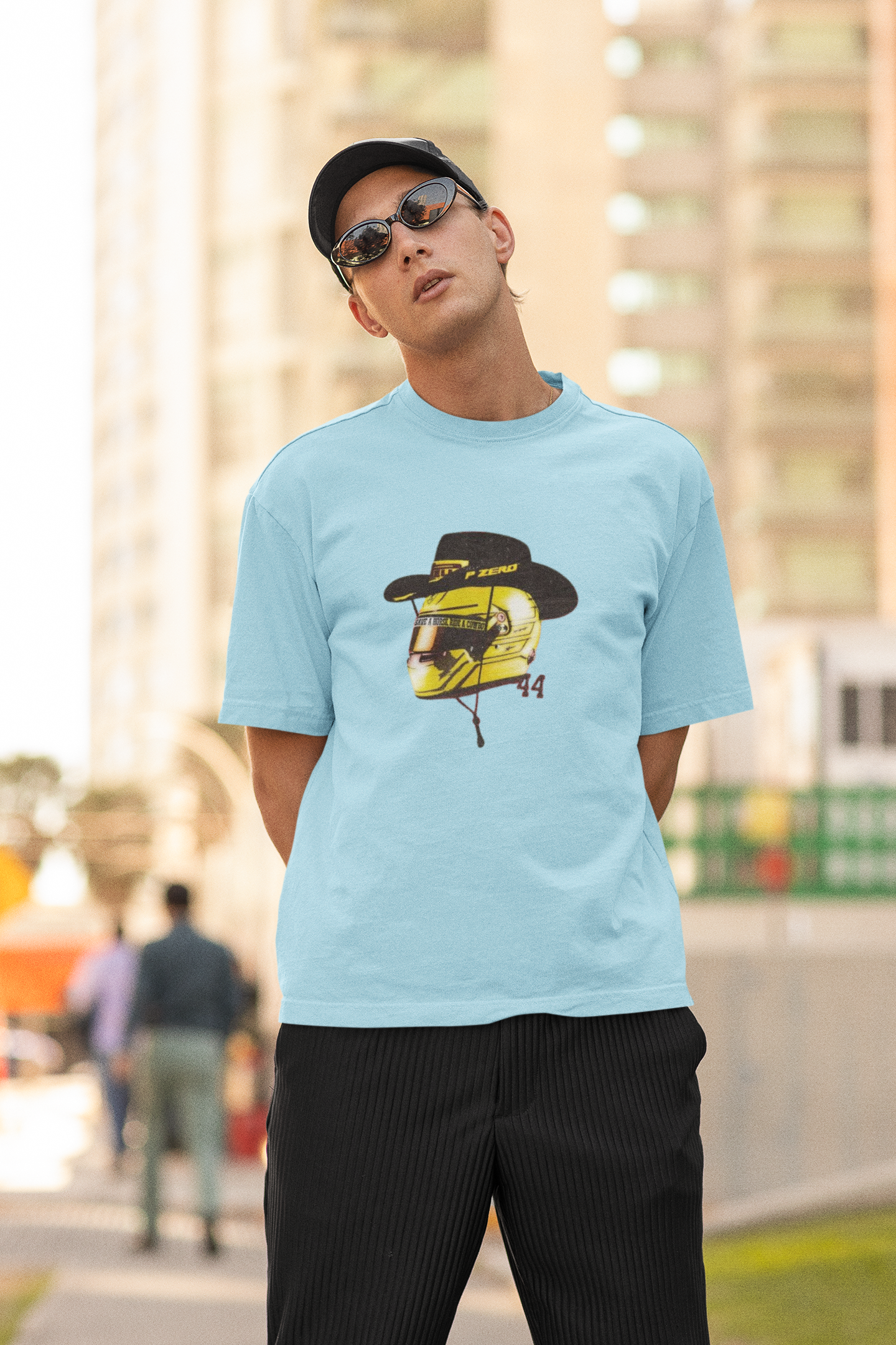Lewis Hamilton 44 with Cowboy Hat Tee | Motorsport Western Helmet T-Shirt