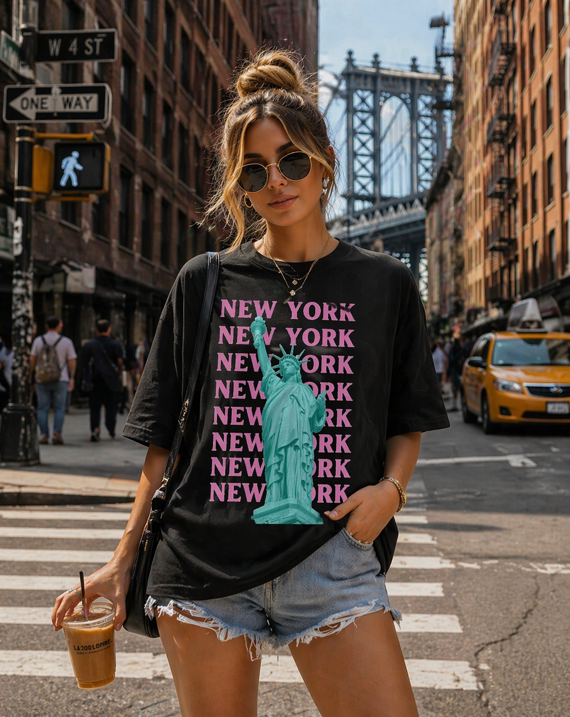 New York Statue of Liberty Tee — Pink Retro City Graphic T‑Shirt