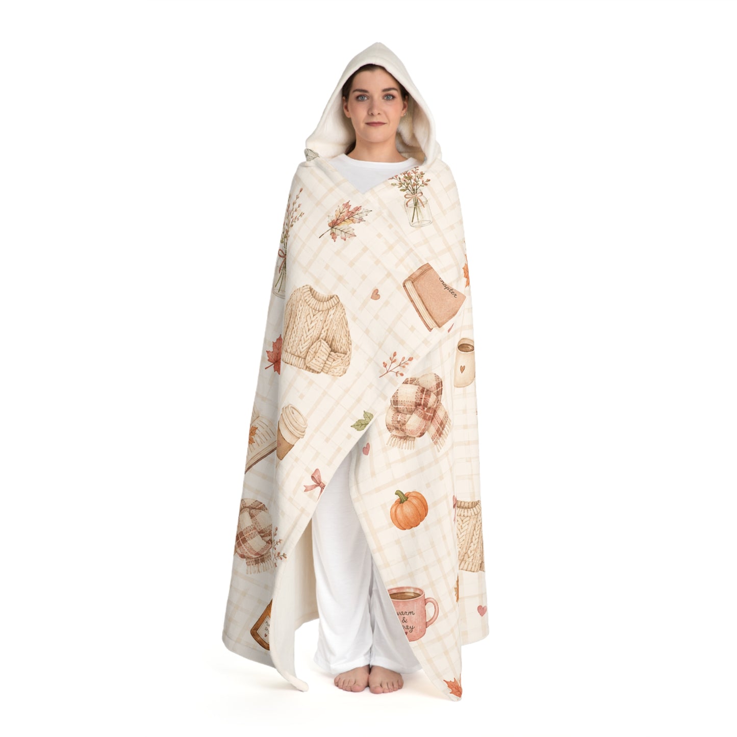 Hooded Sherpa Blanket – Cozy Autumn Coffee & Pumpkin Fleece Throw