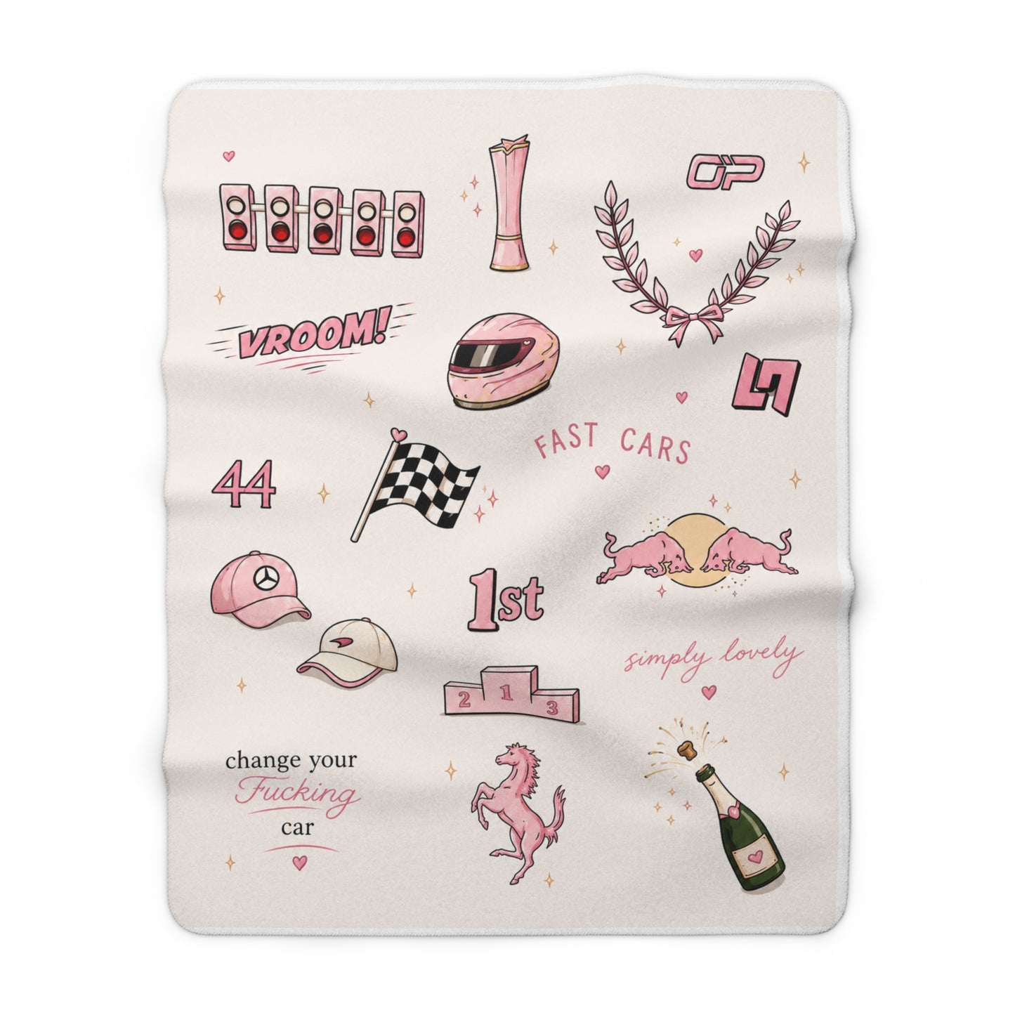 Sherpa Blanket — Pink Racing Icons Throw Formula Inspired (helmets, checkered flag, champagne)